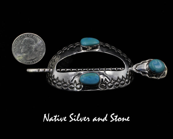 Z Michael Thompson (Deceased) - Navajo<br>1-9/16" Hair Barrette w Pin (Curved)<br> (3) Turquoise Oval Cabochons<br>Stamped & Oxidized Sterling Silver