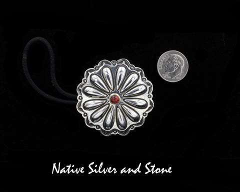 Michael Thompson (Deceased) - Navajo<br>1-3/4" Hair Tie Button - Large (Curved)<br>Coral Dot<br>Scalloped, Stamped, & Oxidized Sterling Silver