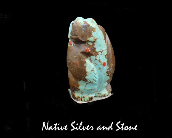 Z Bear-Standing<br>Zuni Fetish Carving<br>Michael Lasiloo<br>Boulder Turquoise<br>Coral & Lapis Accents