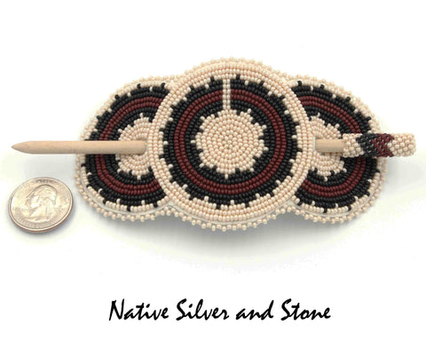Z Miscellaneous Artist - Navajo Jewelry<br>Hair Bun Barrette/with Wood Pin<br>Handmade Large Beaded with Stitched Leather Back