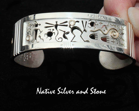 Z Myron Panteah (1966 - 2016) Zuni/Navajo<br>Storyteller Petroglyph<br>Cuff Bracelet 11/16"<br>Silver & Gold Overlay with Cut-Outs<br>Size 6-1/4 (Medium)