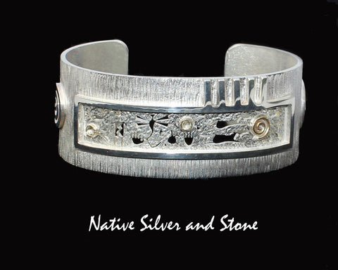 Z Myron Panteah (1966 - 2016) Zuni/Navajo<br>Storyteller Petroglyph<br>Cuff Bracelet 1"<br>Silver & Gold Overlay with Cut-Outs<br>Size 6-3/8 (Medium)