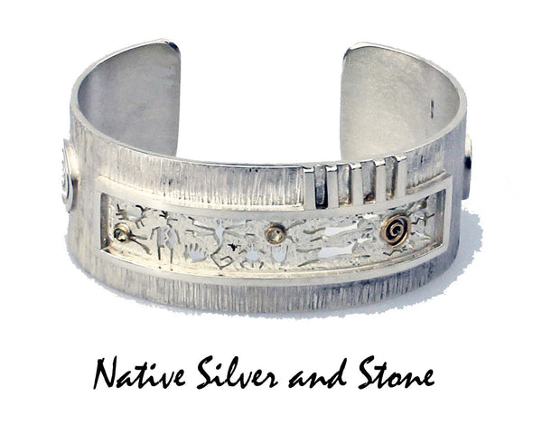 Z Myron Panteah (1966 - 2016) Zuni/Navajo<br>Storyteller Petroglyph<br>Cuff Bracelet 1"<br>Silver & Gold Overlay with Cut-Outs<br>Size 6-3/8 (Medium)