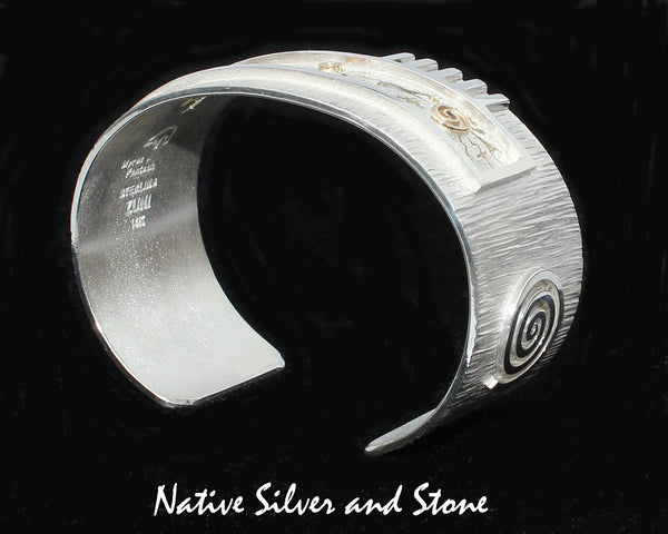 Z Myron Panteah (1966 - 2016) Zuni/Navajo<br>Storyteller Petroglyph<br>Cuff Bracelet 1"<br>Silver & Gold Overlay with Cut-Outs<br>Size 6-3/8 (Medium)