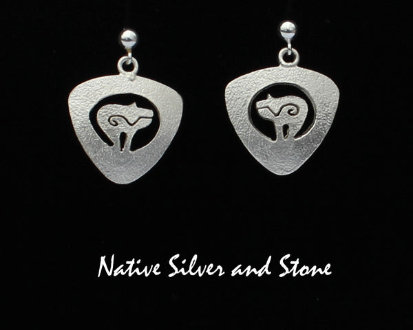Z Myron Panteah  (1966 - 2016) - Zuni/Navajo<br>Triangle Bear Earrings<br>Handmade Dangle Post<br>Sterling with Cut-out
