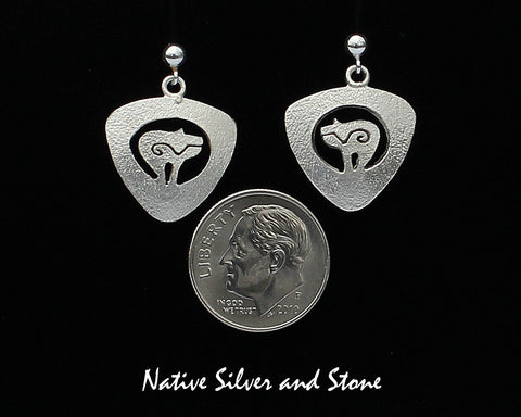 Z Myron Panteah  (1966 - 2016) - Zuni/Navajo<br>Triangle Bear Earrings<br>Handmade Dangle Post<br>Sterling with Cut-out