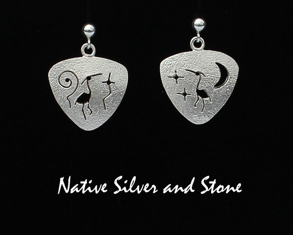 Z Myron Panteah - Zuni/Navajo<br>Triangle Heron Earrings<br>Handmade Dangle Post<br>Sterling with Cut-out