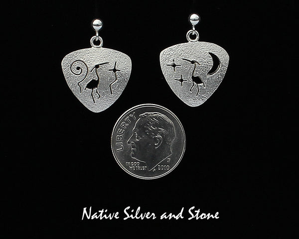 Z Myron Panteah - Zuni/Navajo<br>Triangle Heron Earrings<br>Handmade Dangle Post<br>Sterling with Cut-out