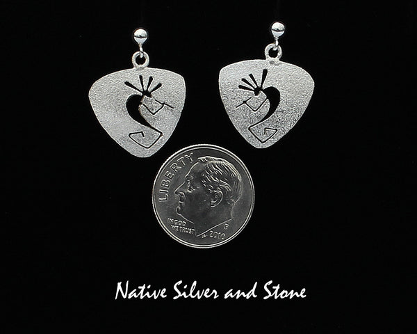 Z Myron Panteah (1966 - 2016)   Zuni/Navajo<br>Triangle Kokopelli Earrings<br>Handmade Dangle Post<br>Sterling with Cut-out