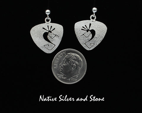 Z Myron Panteah (1966 - 2016)   Zuni/Navajo<br>Triangle Kokopelli Earrings<br>Handmade Dangle Post<br>Sterling with Cut-out