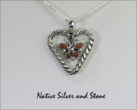 Z Misc Zuni Jewelry<br>5/8" Pendant<br>Small Twist Wire Heart<br>Coral & Silver Butterfly in Center<br>with 18" Silver Box Chain