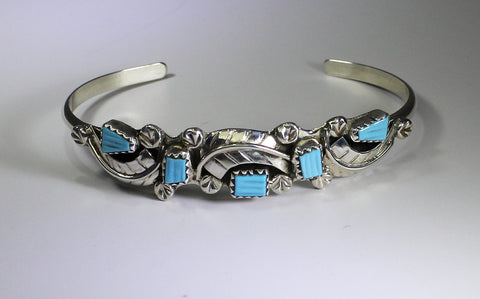 Z Amy Locaspino - Zuni Jewelry<br>Bracelet - Cuff Silver Feathers with Turquoise Inlay Accents<br>Size 6-1/2 (Medium)
