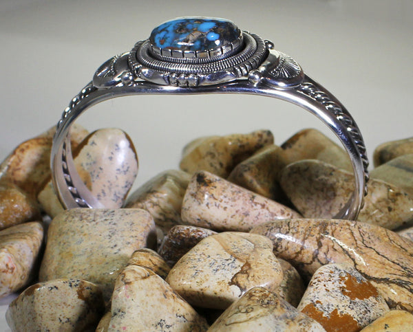 Z Wil Vandever - Navajo Jewelry<br>Bracelet - 7/8" Cuff Silver with<br>Dark Turquoise Oval Cabochon<br> Size 6-1/2" (Medium)