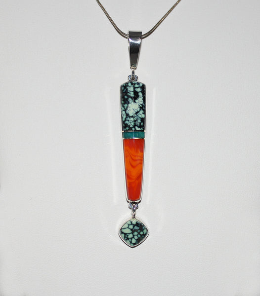 Z Duane Maktima (Laguna/Hopi)<br>Pendant (ONLY) <br>Chalcosiderite, Gem Silica, Orange Rosarita Inlaid in Sterling Silver