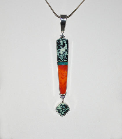 Z Duane Maktima (Laguna/Hopi)<br>Pendant (ONLY) <br>Chalcosiderite, Gem Silica, Orange Rosarita Inlaid in Sterling Silver