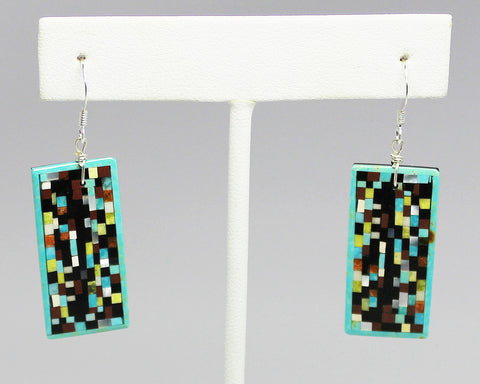 Z  Rectangle "Pixels"<br>Multi-Inlay Earrings - French Wire<br>Eugene & Georgia Sanchez<br>Turquoise, Jet, Serpentine, Pipe-stone, White Mother of Pearl, and<br>Orange Spiny