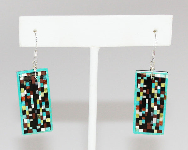 Z  Rectangle "Pixels"<br>Multi-Inlay Earrings - French Wire<br>Eugene & Georgia Sanchez<br>Turquoise, Jet, Serpentine, Pipe-stone, White Mother of Pearl, and<br>Orange Spiny