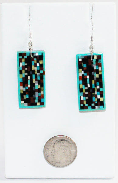 Z  Rectangle "Pixels"<br>Multi-Inlay Earrings - French Wire<br>Eugene & Georgia Sanchez<br>Turquoise, Jet, Serpentine, Pipe-stone, White Mother of Pearl, and<br>Orange Spiny
