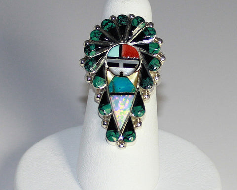 Z Stanford Gchachu - Zuni<br>1-15/16" Ring<br>Sun Face Multi-Inlay<br>Turquoise, Opal, Jet, Coral, and MOP<br>Size  7