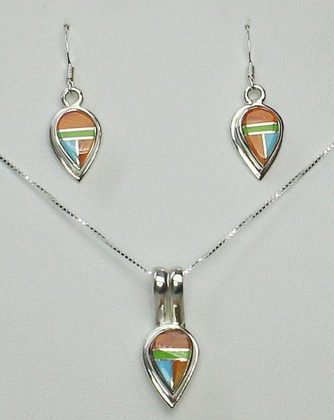 Set - Multi-Inlay Reverse Teardrops<br>Pendant & Earrings (French Wire)<br>"Desert Sunrise"<br>Turquoise, Orange Spiny, Gaspiete<br>18" Sterling Silver Box Chain
