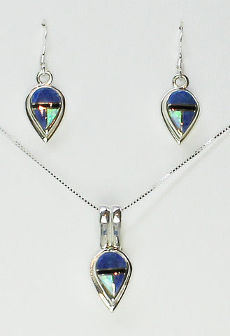 Set - Multi-Inlay Reverse Teardrops<br>Pendant & Earrings (French Wire)<br>"Denim Opal"<br>Denim Lapis, Lab Opal, Jet<br>18" Sterling Silver Box Chain