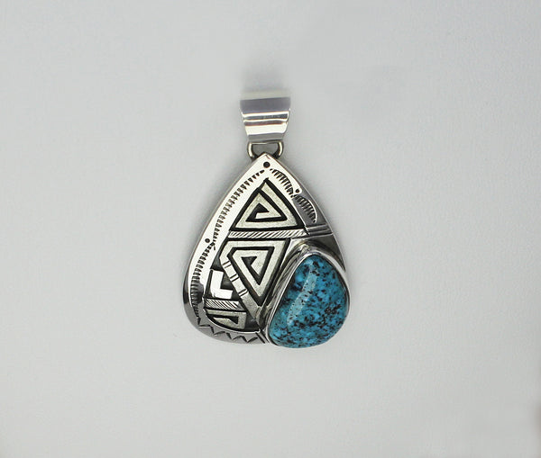Z Peter Nelson - Navajo<br>1-9/16 Pendant<br>Turquoise Cabochon<br>Large Soft Triangle<br>Oxidized Overlay<br>Sterling Silver