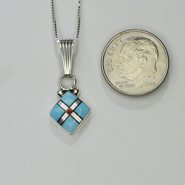 Z C Luarkie (Zuni) Box Pendant<br>Multi-Inlay with Silver Chain<br>Turquoise, White Mother of Pearl, Coral, & Jet in Sterling Silver
