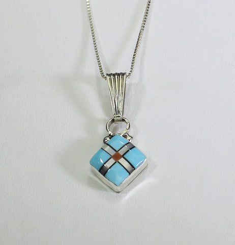 Z C Luarkie (Zuni) Box Pendant<br>Multi-Inlay with Silver Chain<br>Turquoise, White Mother of Pearl, Coral, & Jet in Sterling Silver