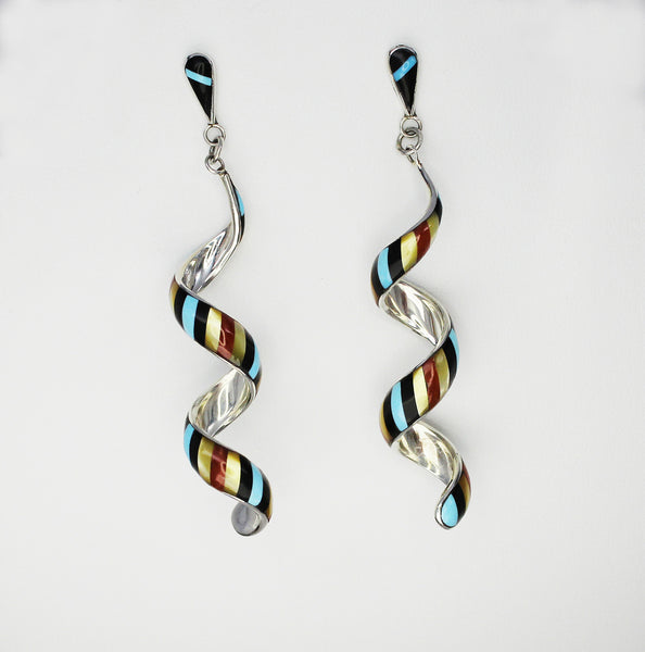 Z Pernell & Idella Edaakie<br>Zuni Jewelry<br>Earrings - Dangle-Post Black Top<br>Spiral Multi-Inlay "Barberpole"<br>Jet, Turquoise, Coral,<br>Gold Lip Mother of Pearl<br>Size Extra Large
