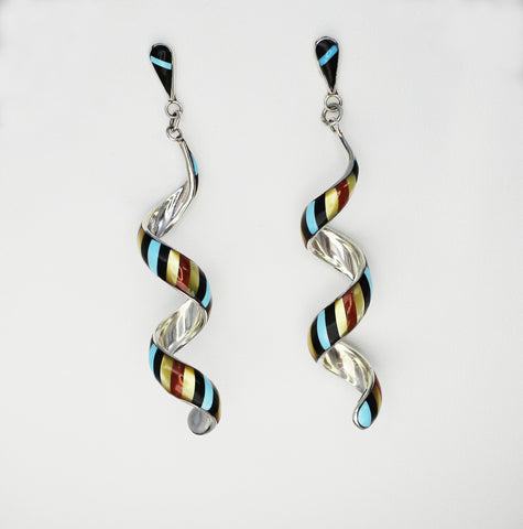 Z Pernell & Idella Edaakie<br>Zuni Jewelry<br>Earrings - Dangle-Post Black Top<br>Spiral Multi-Inlay "Barberpole"<br>Jet, Turquoise, Coral,<br>Gold Lip Mother of Pearl<br>Size Extra Large