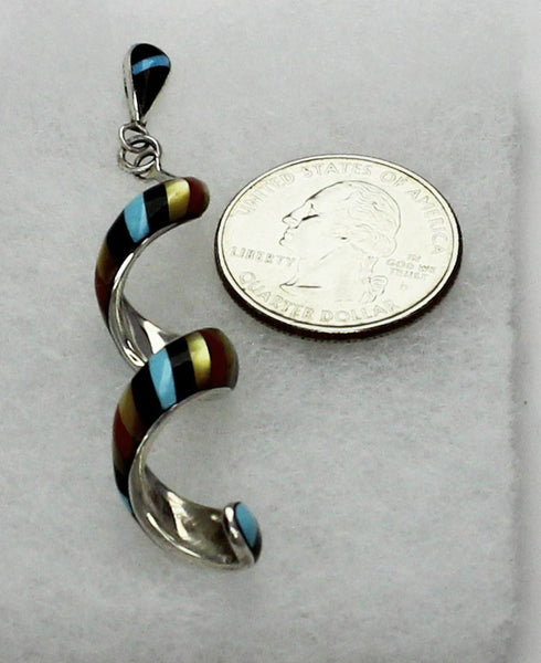 Z Pernell & Idella Edaakie<br>Zuni Jewelry<br>Earrings - Dangle-Post Black Top<br>Spiral Multi-Inlay "Barberpole"<br>Jet, Turquoise, Coral,<br>Gold Lip Mother of Pearl<br>Size Extra Large