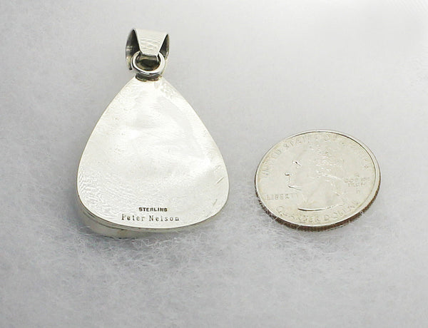 Z Peter Nelson - Navajo<br>1-9/16 Pendant<br>Turquoise Cabochon<br>Large Soft Triangle<br>Oxidized Overlay<br>Sterling Silver