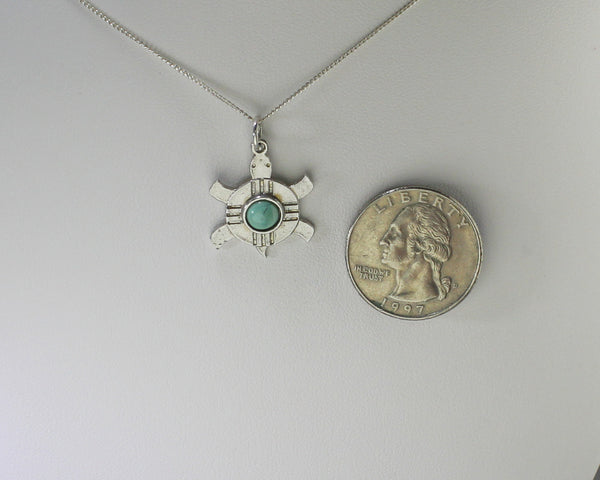 Z Bennard & Frances Dallasvuyaoma Hopi/Pima<br>13/16"  Pendant<br>Turtle<br>Bennard & Frances Dallasvuyaoma<br>Hopi/Pima<br> Two-Sided Silver w Turquoise Dot<br>18" Silver Box Chain<br>Sterling Silver