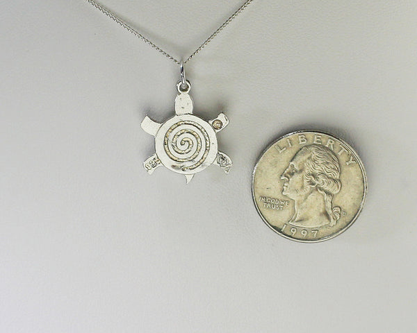 Z Bennard & Frances Dallasvuyaoma Hopi/Pima<br>13/16"  Pendant<br>Turtle<br>Bennard & Frances Dallasvuyaoma<br>Hopi/Pima<br> Two-Sided Silver w Turquoise Dot<br>18" Silver Box Chain<br>Sterling Silver