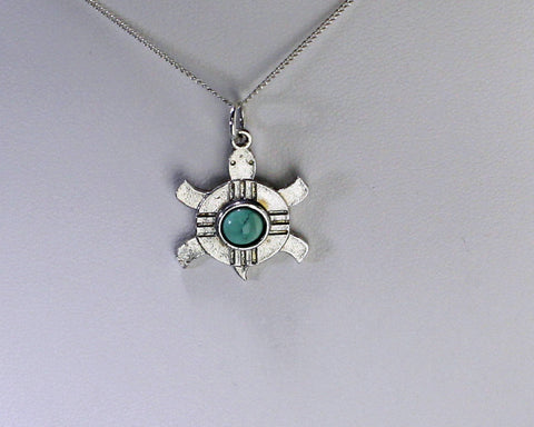 Z Bennard & Frances Dallasvuyaoma Hopi/Pima<br>13/16"  Pendant<br>Turtle<br>Bennard & Frances Dallasvuyaoma<br>Hopi/Pima<br> Two-Sided Silver w Turquoise Dot<br>18" Silver Box Chain<br>Sterling Silver