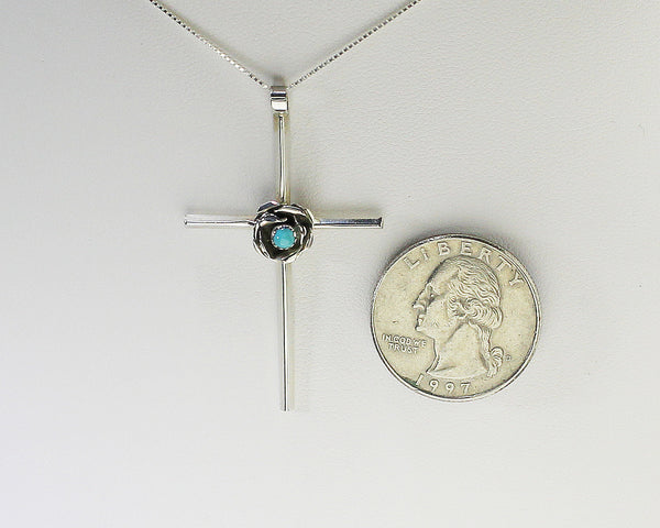Z Miscellaneous Artist - Navajo Jewelry<br>Silver Cross Pendant w Turquoise Rose<br>with Silver 18" Chain