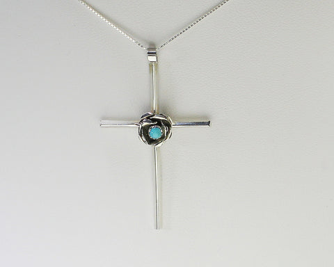 Z Miscellaneous Artist - Navajo Jewelry<br>Silver Cross Pendant w Turquoise Rose<br>with Silver 18" Chain