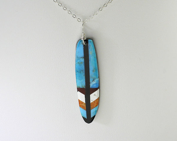 Z Rudy & Mary Coriz<br>Santo Domingo/Ke-Wa Jewelry<br>Pendant Turquoise Feather<br>Multi-Inlay<br>Stone Combinations