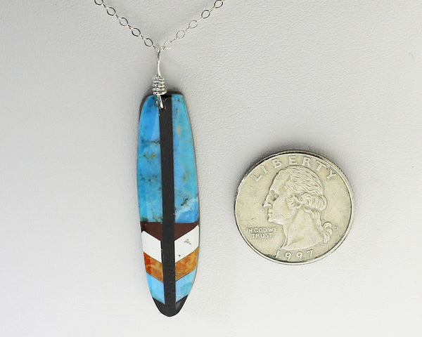 Z Rudy & Mary Coriz<br>Santo Domingo/Ke-Wa Jewelry<br>Pendant Turquoise Feather<br>Multi-Inlay<br>Stone Combinations