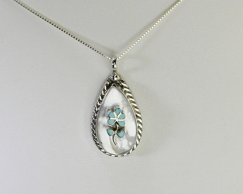 Z Diana Lasiloo - Zuni<br>1" Pendant - Teardrop Flower <br>White Mother of Pearl with<br>Turquoise Flower Surface Mounted<br>with 18" Silver Box Chain