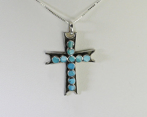 Z Cross Pendant w Chain- Zuni<br> Miscellaneous Artist V.A.<br>Inlaid Turquoise Dots<br>Turquoise in Sterling<br>with Silver 18" Chain