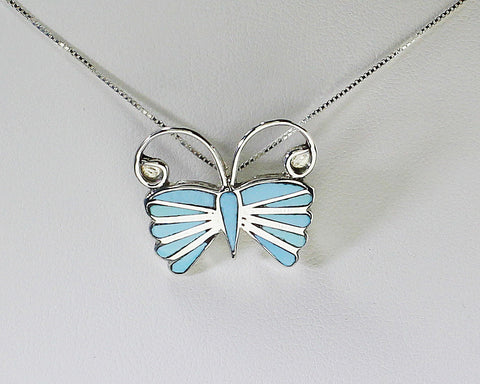 Z Emma Edaakie - Zuni<br>Native American Jewelry<br>7/8" Butterfly Pendant/Pin<br>Channel-inlay Turquoise<br>with 18" Silver Box Chain