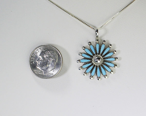 Siow - Zuni<br>Native American<br>Needlepoint Turquoise Pendant<br>Circle with Silver Accents<br>with 18" Silver Box Chain