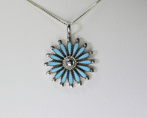 Siow - Zuni<br>Native American<br>Needlepoint Turquoise Pendant<br>Circle with Silver Accents<br>with 18" Silver Box Chain