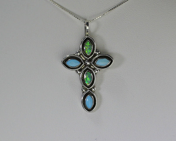 Cross Pendant w Chain<br>Native American - Zuni<br>Miscellaneous Artist<br>Sharp Ovals Turquoise & Opals<br>Inset in Sterling Silver Shadowboxes<br>with 18" Chain