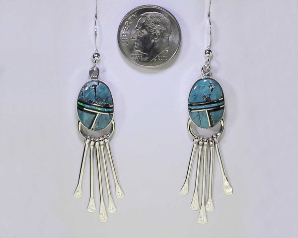 Z Cathy Webster - Navajo Jewelry<br>Earrings - French Wire Dangle<br>Turquoise, Opal, & Onyx<br>Multi-Inlay<br>Sterling Silver Dangle "Paddles"