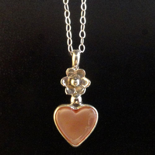 Ruth Ann Begay - Navajo Jewelry<br>7/8" Pendant- Heart<br>Pink Mussel Shell,<br>Silver Rosette and  Silver Chain