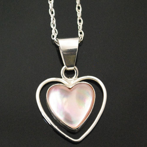 Z Rosella Sandoval - Apache<br>Pendant with Chain<br>Pink Mussel Shell Heart<br>Set in Sterling Heart Wire Perimeter Heart