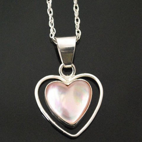 Z Rosella Sandoval - Apache<br>Pendant with Chain<br>Pink Mussel Shell Heart<br>Set in Sterling Heart Wire Perimeter Heart
