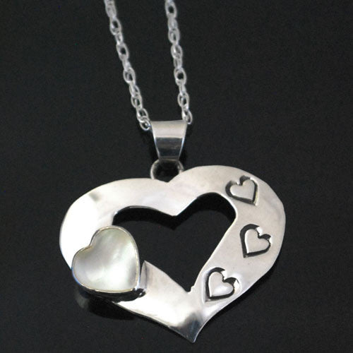 Ruth Ann Begay - Navajo<br>7/8" Pendant<br>Heart of White Mother of Pearl<br>Sterling Silver with Silver Chain